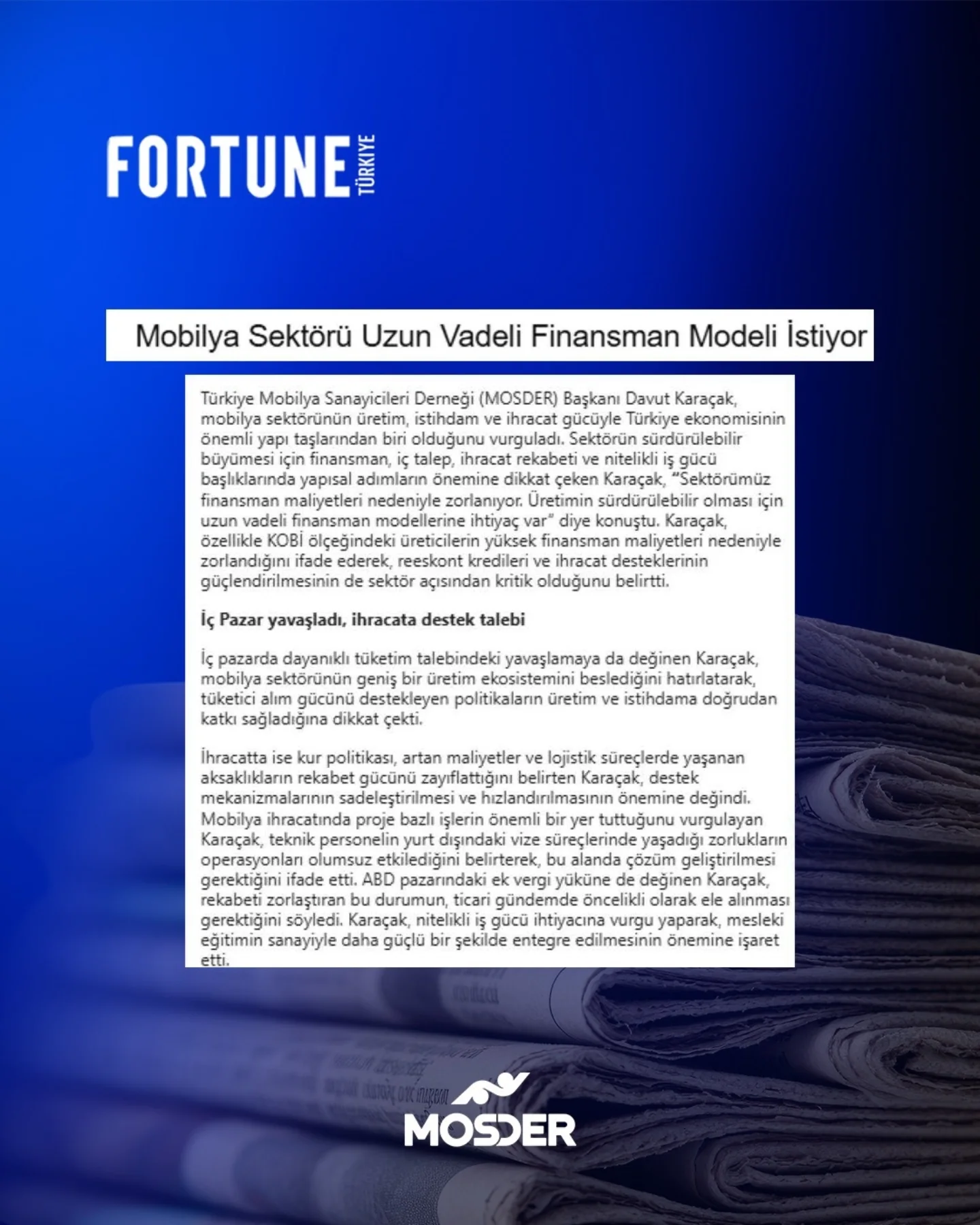 Mobilya Sektörü Uzun Vadeli Finansman Modeli İstiyor 